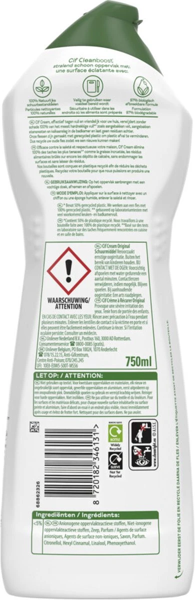 Cif CleanBoost Cream Original Schuurmiddel - 8 X 750 Ml - Voordeelverpakking - Afbeelding 3